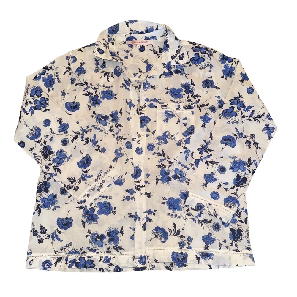 Ro’s Garden Blue Floral Cotton Button Up Luxe Pajama Shirt Top Small Like New